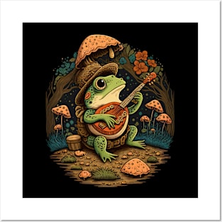 Cottagecore aesthetic cute frog playing ukelele on Mushroom Posters and Art